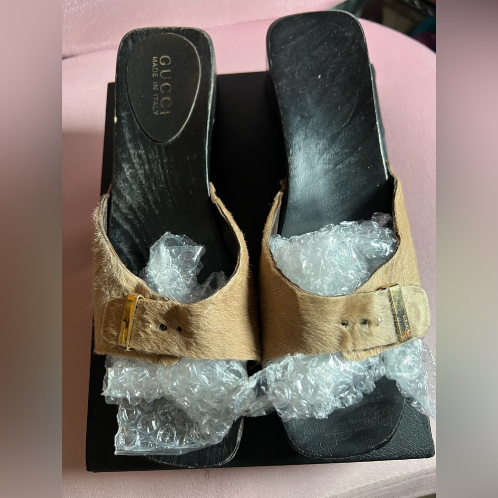 Gucci Tan Mules with Gold Buckle